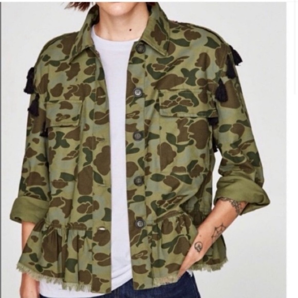 Zara Camo Embroidered Peplum Jacket Size Small - Picture 2 of 5